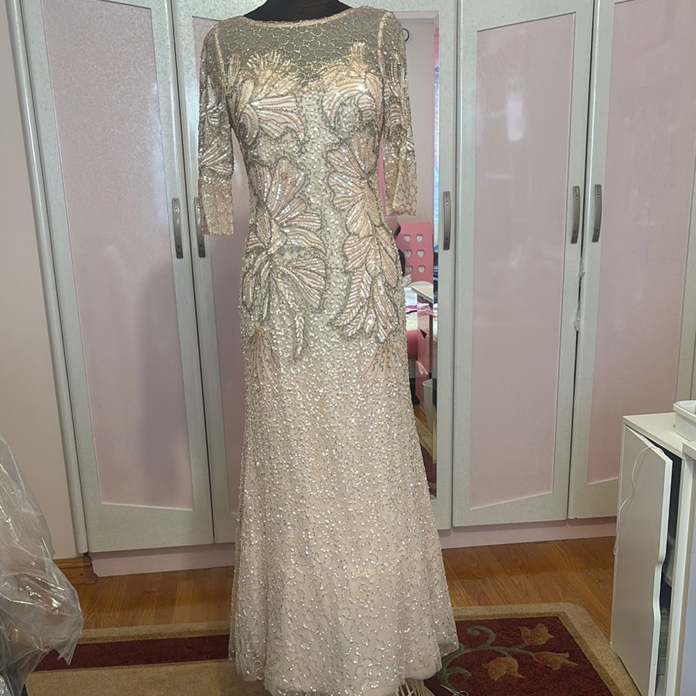 Adrianna Papell Gold Gown with 3/4 Sleeves and Crew Neck